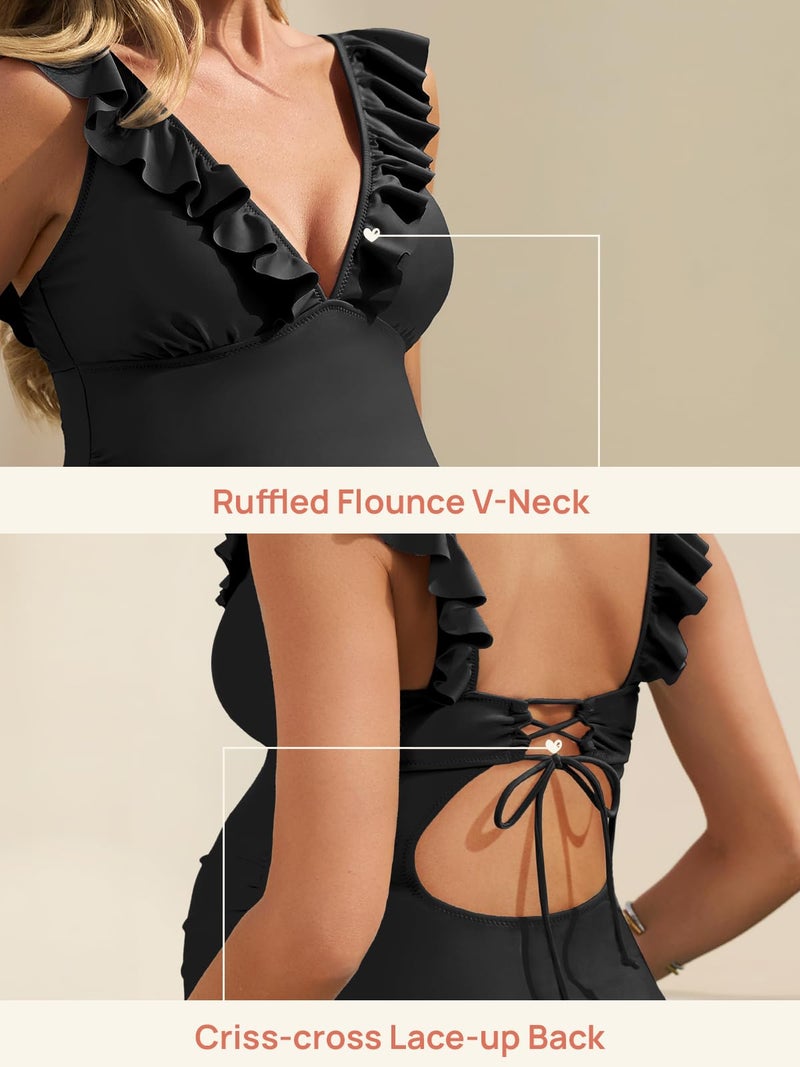 Summer Mae Maternity Swimsuit V-Neck One Piece Swimsuit Ruffled Lace Up Monokini Black S - Image 4